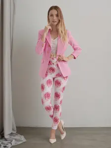 Ladies' Elegant and Fashionable Printed Two-Piece Set, Casual Double Breasted Pink Suit Jacket and Printed Pants Set, Slim Fit Women's Suit Set Fitted