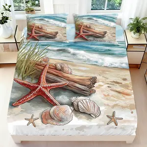 2/3 Pcs 2D Flat Beach Themed Fitted Sheet Set，Seashell Starfish Bedding Set Quilt Cover 1 Fitted Sheet+ 1/2 Pillowcases，Ocean Wave Top Sheet Decorative Bedding Bedroom Decor