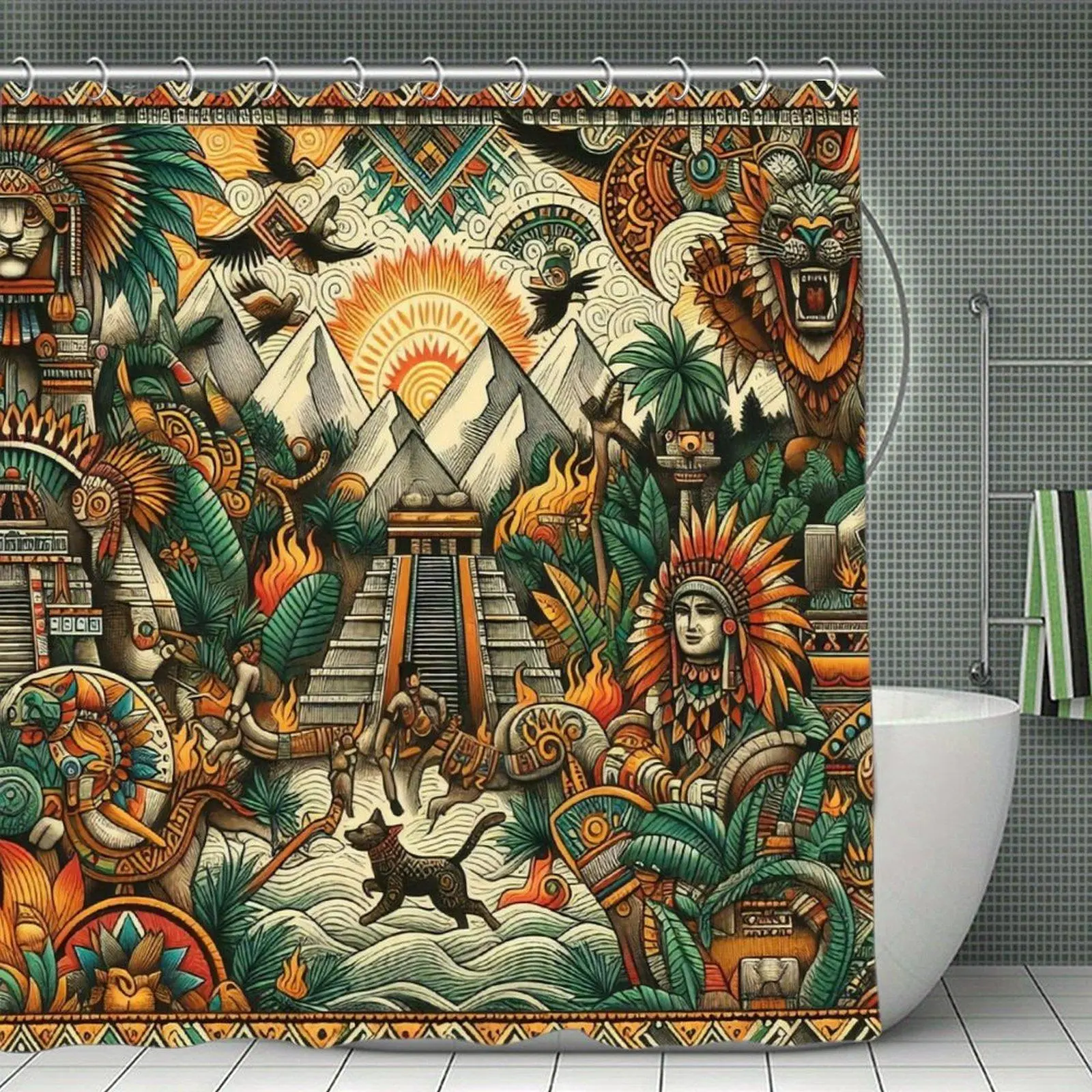 Waterproof Aztec-Mayan Ancient Art Cultural Theme Shower Curtain, Hook-Mount Bathroom Decor for Bathtub, Window, Native Civilization Accent, Plastic