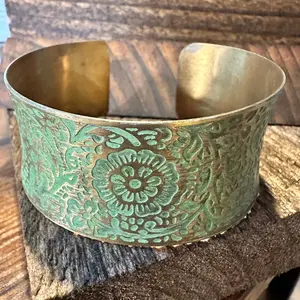 Handcrafted Artesian Boho Brass Patina Bracelet, Chartreuse Floral Scrollwork, Adjustable, Gift Box