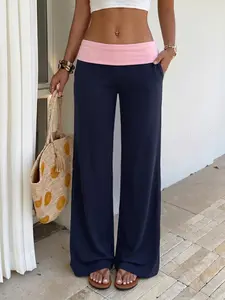 Buttery Soft Fold Over Waist Low Rise Y2K Flare Yoga Pants, Colorblock Print Sweatpants, Contrast Color Stretchy Bell Bottom Casual Lounge, Slimming for Streetwear, Daily & Vacation Wear, No See Through, Premium Soft Fabric