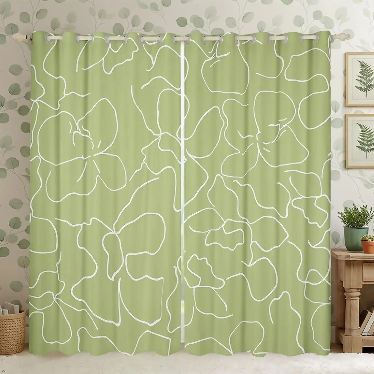 Boho Blackout Curtains Living Room | Abstract Stripes Window Curtains Sets,Line Art Floral Striped Green White Window Treatments Drapes