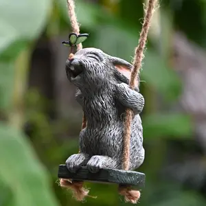 Garden Rabbit Statues, Cute Swing Bunny with Butterfly Statue Decoration for Yard Hanging Outdoor, Tree Ornaments Figurine for Stump Branch Lawn Patio Decor
