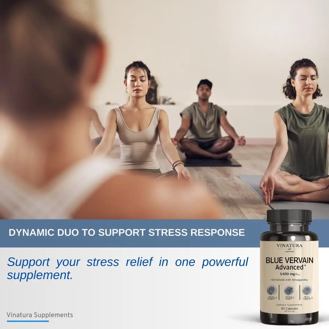 VINATURA Blue Vervain Advanced with Ashwagandha - Blue Vervain Tea Alternative, Brain Health, Stress Relief, Ashwagandha Supplements - 60 Capsules