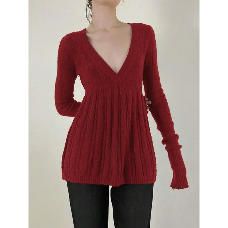 2026Women's Fitted Knitting Top - Long Sleeve, V-Neck, High Waist Pullover, Casual Basic Knitwear for Daily Wear, Tops, Hand Wash Only