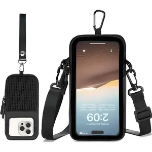 Phone Sleeve Pouch Case with Adjustable Crossbody Lanyard and Wrist Strap, Touchscreen-Friendly Clear Cell Phone Purse Bag, CellPhone Holster with Carabiner for Men Women (Clear Black- B)