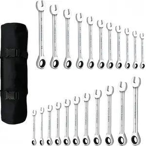 25PCS Ratchet Combination Wrench Set, SAE & Metric Open End Box End Spanner Kit, Chrome Vanadium Steel Repair Hand Tools with Portable Storage Roll Pouch