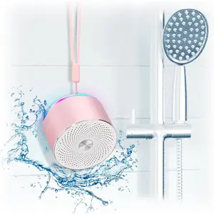 F-ADE07 Mini Bluetooth Shower Speaker, IPX6 Waterproof Speaker, with RGB Lights, Mic, Portable Silicone Lanyard, Suction Cup, Clear Sound&Rich Bass, 12h Playtime, Small Pink Gifts for Girls Women