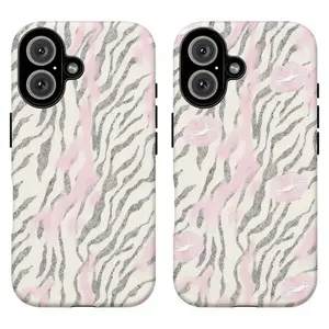 FL-Girly Zebra Print Phone Case,Pink and Silver Stripes with Kiss Marks Protective Cover For iPhone 11 12 13 14 15 16 17 Air Pro Max for Samsung S26 S25 S24 S23 S22 S21 Case,Gift for her