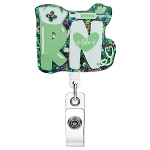 1pc Badge Scroll, Green Flash RN Nurse ID Badge Scroll, Nurse Badge Reel, Badge Buddy Nursing, featuring a vital sign heart + medical tool design, it's for hanging ID badges in the office, a thoughtful accessory for registered nurses!