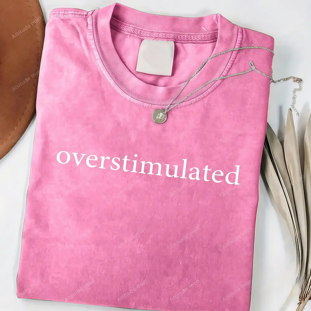 Women’s American retro pink T-shirt, 230 g fabric, "Overstimulated" letter print, large casual washed short-sleeved shirt, menswear
