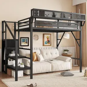 Bellemave Twin Size Metal Frame Loft Bed - with Stairs, Storage Shelves, and Wardrobe for Teens