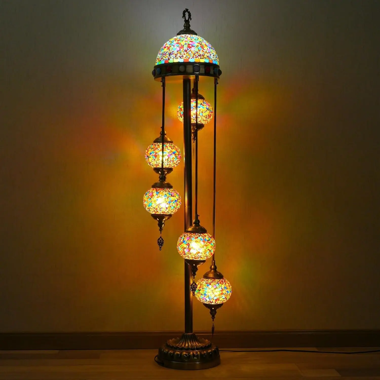 56-Inch Turkish Mosaic Glass Floor Lamp - Metallic Base, Multicolor Spheres, Upgraded Top Cover, LED Lights, Decorative Light Bulb, AC Power Supply, Ideal for Home Decor Artistry (Indoor Home Improvement Lighting), Floor Lamps & Torchieres
