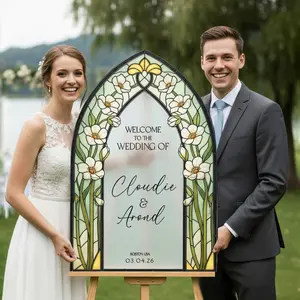 Sage Green Gothic Arch Wedding Welcome Sign — White Narcissus Stained Glass