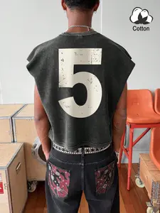 Men's Black Crew Neck Sleeveless Tank Top, Vintage Washed Number 5 Print Loose Cropped Muscle Shirt, Versatile Daily Casual Streetwear Outfit