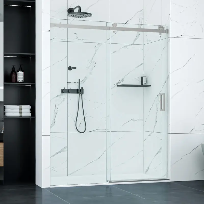 Garvee Silver Shower Door, 56-60" W × 76" H Frameless Sliding Shower Door,Waterproof Glass Shower Door with Stainless Steel Handle and Seal Strip, 5/16" (8mm) Easy-Clean Tempered Glass,Brushed Nickel