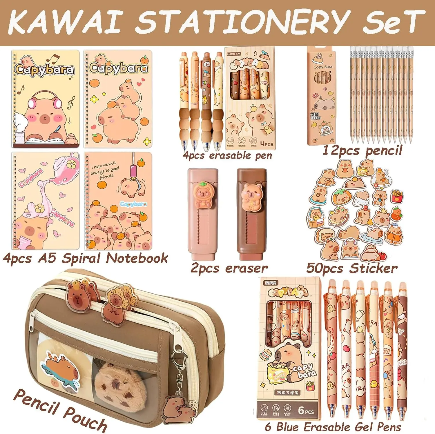 Cute Capybara Stationery Set - Large Pencil Case, 4 A5 Spiral Notebooks, 10 Ballpoint Pens (2 Styles), 12 Pencils, 2 Erasers - Perfect Back-to-School Essentials and Birthday Gift for Kids (Capybara)