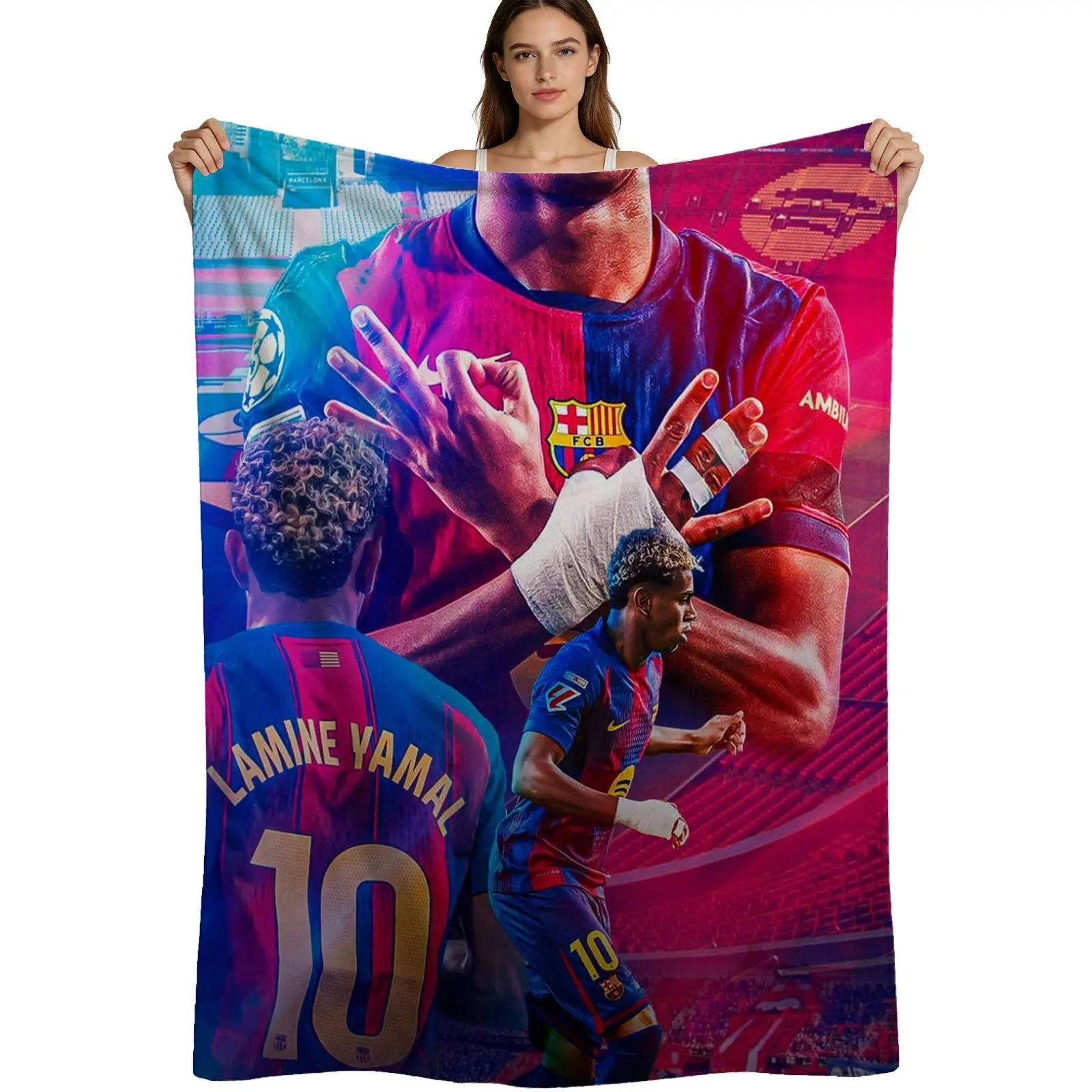 Trending Sports Art, Warm Flannel Blanket, Lamine Yamal Barcelona Jersey Design, Soft Brushed Fabric With Vibrant Print, For Football Fans And Bedroom Decor, 4 Sizes Available Single Pack