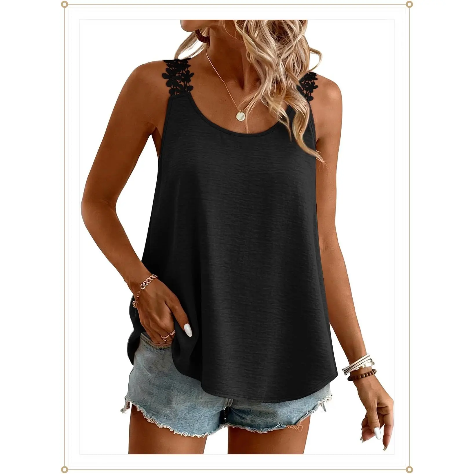 OFEEFAN Tank Top for Women Loose Fit Crew Neck Sleeveless Shirts Strap Lace Camisole Chiffon Summer Tops Curved HemGift