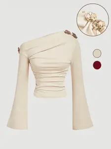 Elegant Pure Color Asymmetrical Shoulder Women's Top, Metal Rose Flower Decorated Ruched Slim Fit Flare Sleeves Women's T-shirt for Spring and Autumn, Spring & Fall Fashion, for Christmas, Valentine's Day, Music Festivals, and Casual Everyday Wear