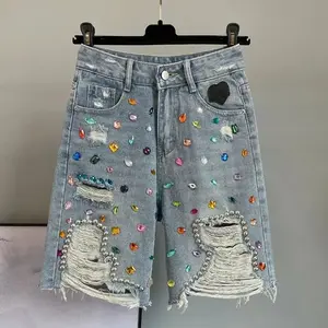 Colorful Diamond Studded Nail Bead Ripped Jeans Blue High Waisted Loose Shorts Shiny Fashionable Versatile Casual Trousers