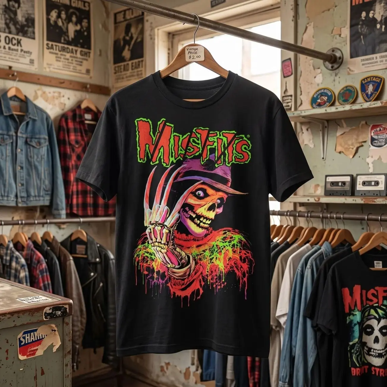 Misfits Horror T-Shirt, Neon Skull Graphic Tee, Vintage Punk Band T-Shirt