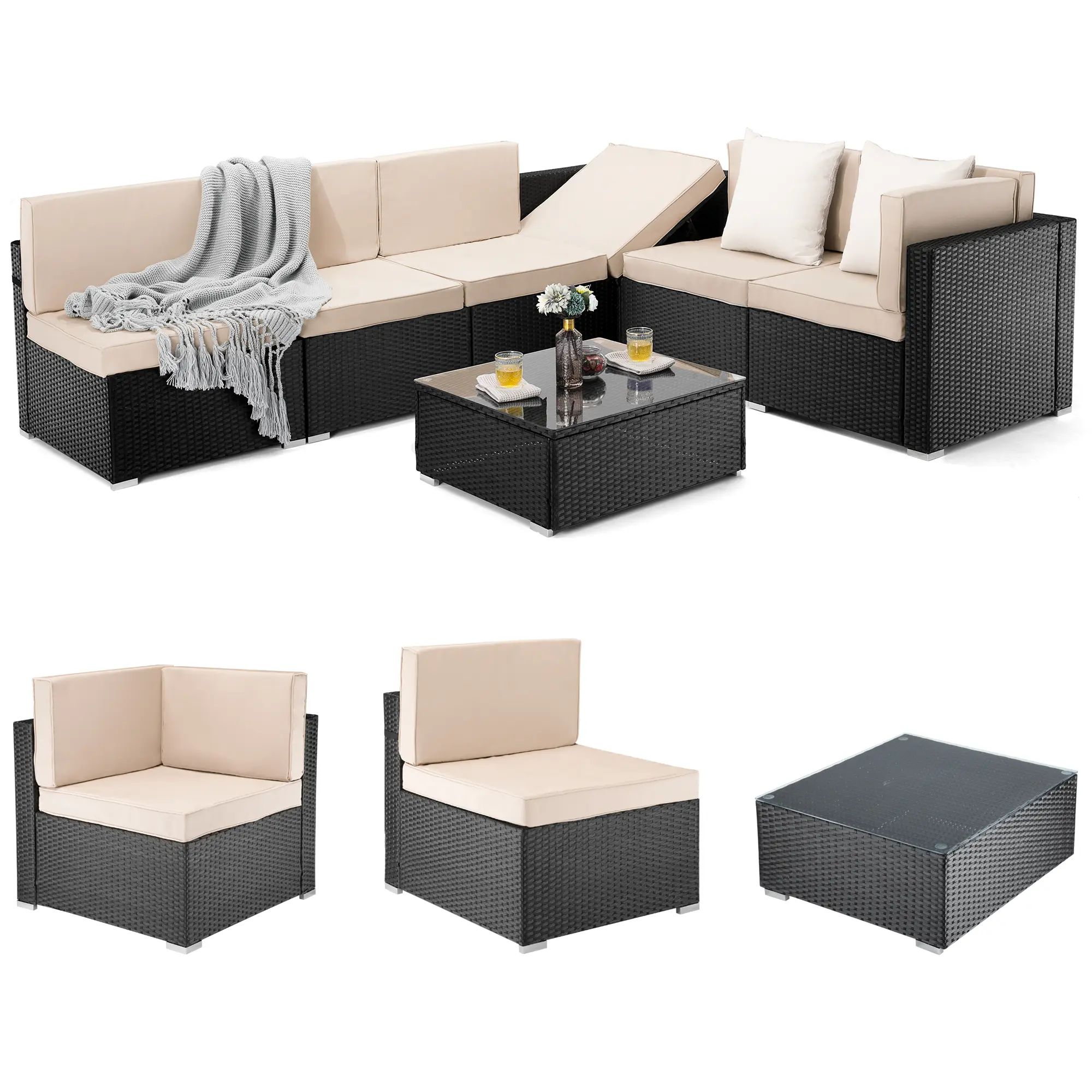 【Springtok】Sturdy Classic Pamapic 7-Piece Outdoor Rattan Sectional Sofa Conversation Set - Reclining Seats, Cream Finish, Machine Washable Pillows, Easy Cushion Removal, Tea Table, for Patio, Poolside, Balcony, Garden, Sofa Sectional Couch