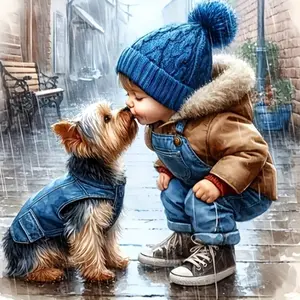 5D Diamond Painting Kit - Little Boy & Yorkie Dog Kissing in the Rain, Full Round Drill Heartwarming Pet & Child Mosaic Art, DIY Rhinestone Embroidery for Cozy Home Wall Decor & Gift for Dog Lovers
