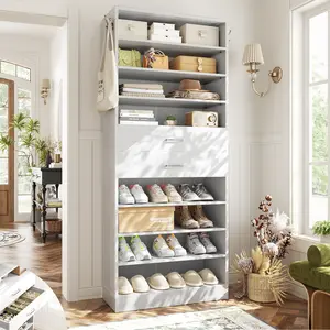 Freestanding Shoe Cabinet with 2 Drawers, 10-Tier, Wooden Closet Organizer with Adjustable Storage Shelves, Entryway Shoe Rack with Open Shelves