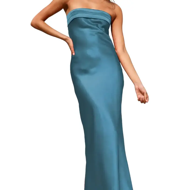 Women's Satin Strapless Backless Halter Fitted Maxi Dress - Drape Fabric with Zip, Elegant Formal Womens Dresses for Wedding Guests, Beach Events