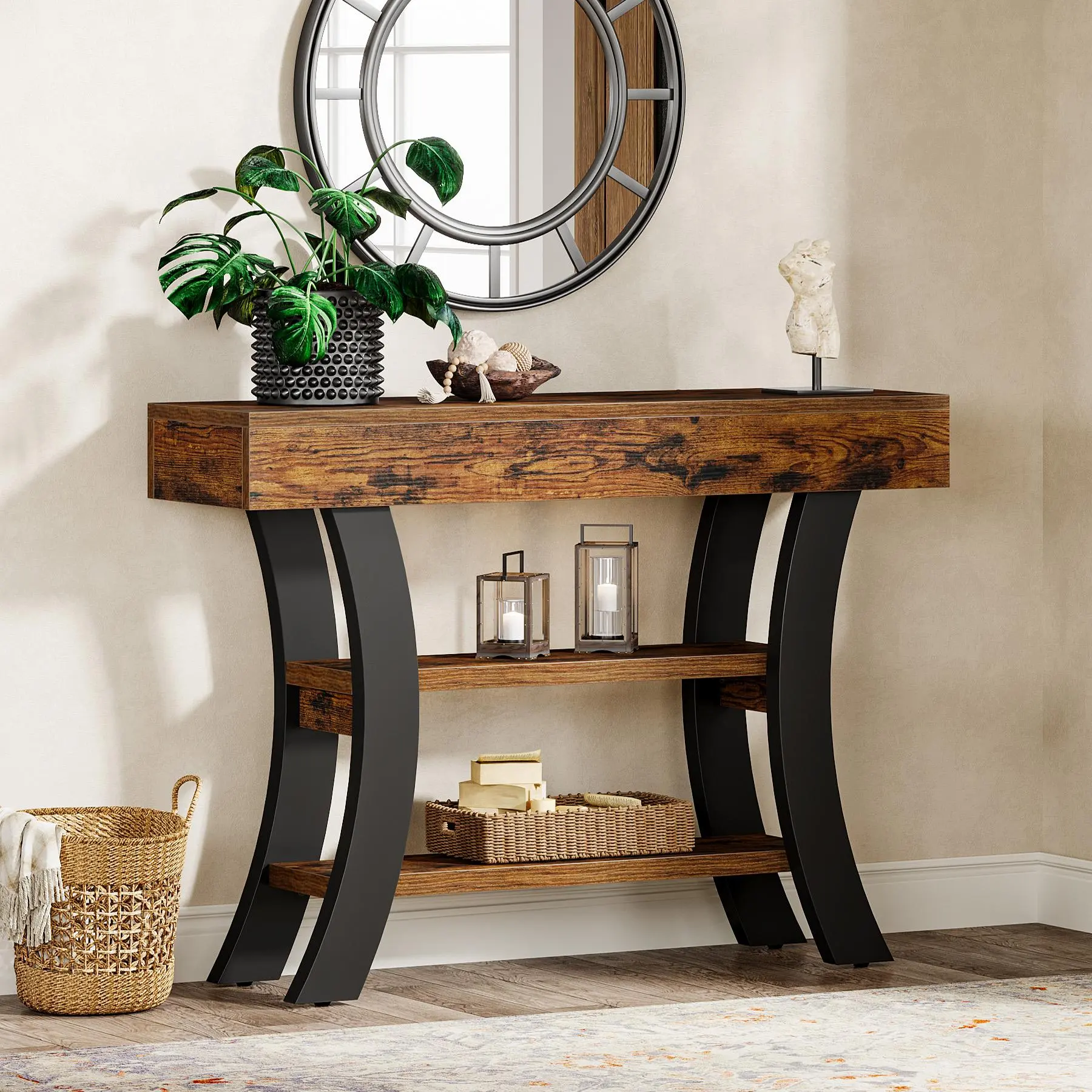 TRIBEWOOD 41x11.8x31.5in Rustic MDF Wood 3-Tier Console Table Entryway with Metal Frame, Curved Design, Storage Shelves, Anti-Tip Kit & Assembly Guide, Storage Space for Living Room