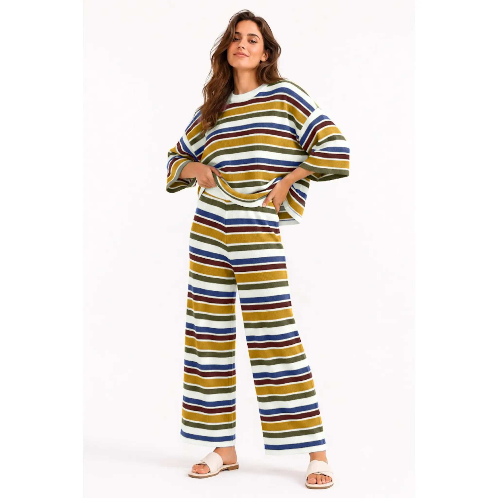 utcoco Women's Rainbow Striped 2-Piece Knit Outfit, Long Sleeve Loose Top and Wide Leg Pants Matching Suit, Soft Elastic Cozy Knit Tracksuit, Everyday Loose Fit Outfit with Relaxed Trousers, Women Rainbow Striped Two Piece Sweater Sets