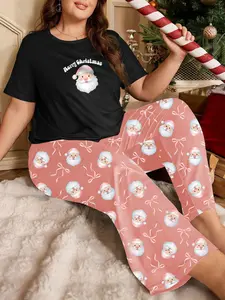 Plus Size Women's Christmas Style Santa Print Pajama Set, Short Sleeve Top + Long Pants, Two-Piece Home Wear