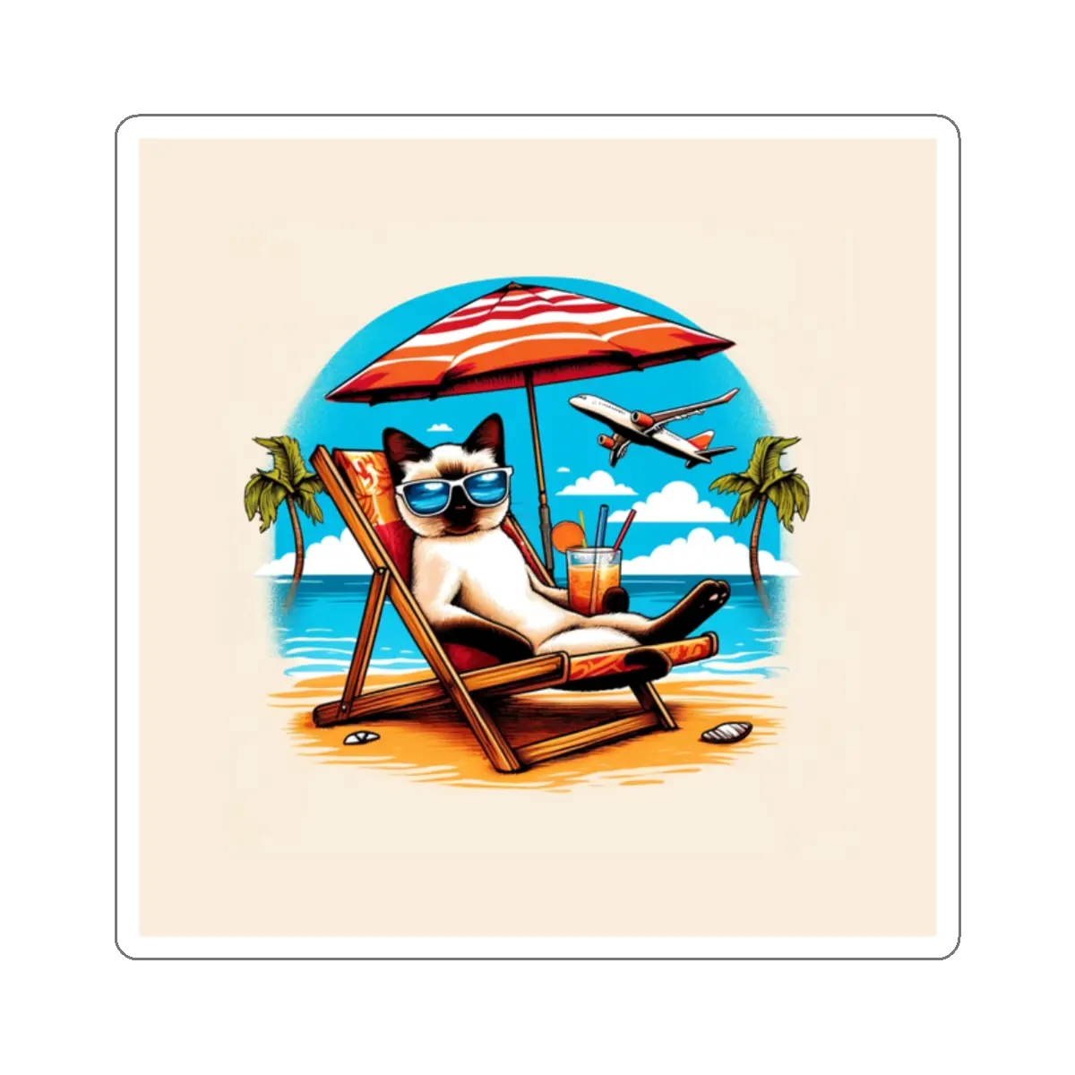 Custom Die-Cut Waterproof Vinyl Stickers - Vibrant Matte Finish, Easy-Peel Backing, Playful Illustration Siamese Cat Tropical Beach Art, Single Shape Character-Based, Indoor-Outdoor Use DIY Scrapbooking & Stamping Supplies, Hassle-Free