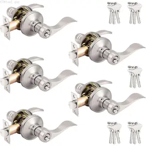 5 Pack Wave Style Keyed Alike Entry Levers, Reversible Keyed Door Handles with Lock and Same Keys, Exterior Interior Entry Locks in Satin Nickel FinishC38tool que