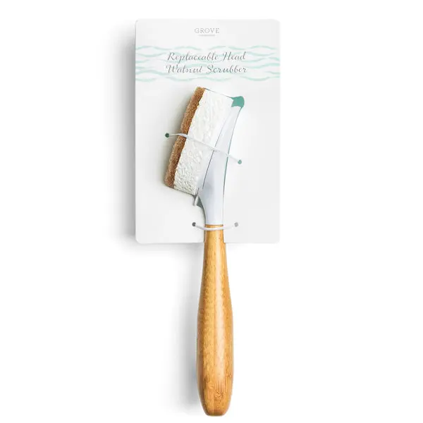 Replaceable Head Walnut Wood Dish Brush, Natural Non-Abrasive Home Cleaning Tool with Sponge Head for Kitchen Dish Cleaning