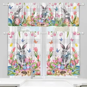 Easter Kitchen Curtains 3 Piece Set, Kitchen Easter Decoration for The Home Indoor, Bunny Truck Spring Curtain and Valances Set 24'' Spring Short Window Curtain Over Sink Window Decor