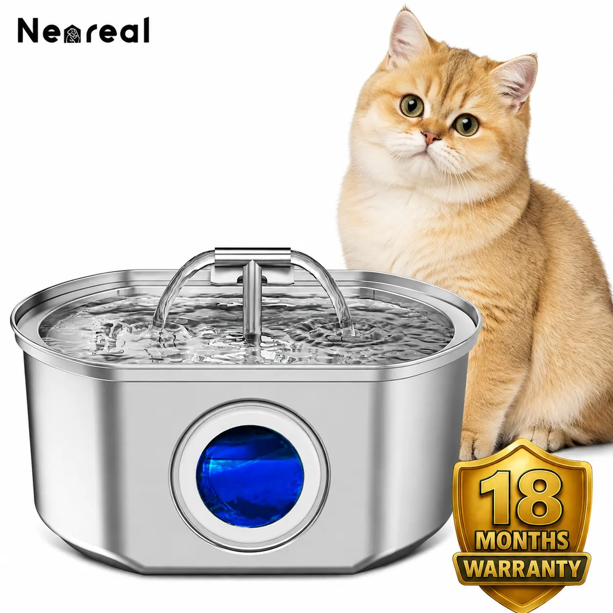 Neareal Oval Duo 3.2L (108oz) 2-in-1 Flow Stainless Steel Smart Automatic Water Feeder & Cat Fountain, 4-Stage Purifying Ultra-Quiet Pump, Visible Level Window, 12-Day Supply, Power Supply for Healthy Pet Life