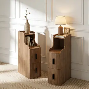 Fluted Narrow Nightstand with 2 Drawers,Slim Wooden Bedside Table for Bedroom,Set of 2, Walnut
