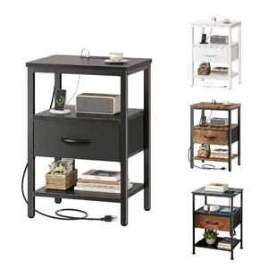 Nightstand with Charging Station 3-Tier Bedside Table with Built-in USB and Type-C Ports Adjustable Fabric Drawer Storage for Bedroom and Living Room