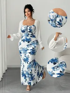 Elenzga Plus Size Maxi Dress Square Neck Puff Sleeve Bow Waist Cinched Elegant Date Outfit