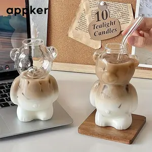 Cartoon Bear Design Funny Glass Cup, 1/2 Counts Cute Coffee Cup with Straw, Creative Drinking Cup for Home Office Use