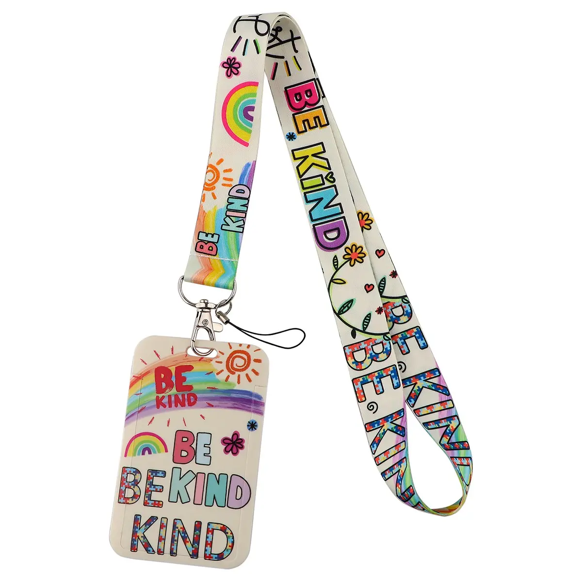 Rainbow Puzzle Lanyard Keychain Kawaii Durable Polyester Lariat ID Card Holder Mobile Phone Charm Neck Straps Badge Holder for Teachers Be Kind