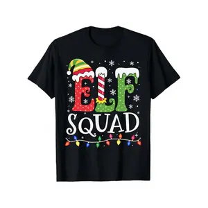 Black Elf Squad Christmas T-Shirt with Colorful Lettering & String Lights Print - Unisex Adult Short Sleeve Crewneck Holiday Party Tee, Regular Fit Round Neck Casual Top for Men & Women, All-Season Comfort, Elf-Themed Graphic Apparel for Christmas E