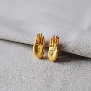 Gold Buddha Hand Stud Earrings Vintage Abhaya Mudra Retro Statement Earrings
