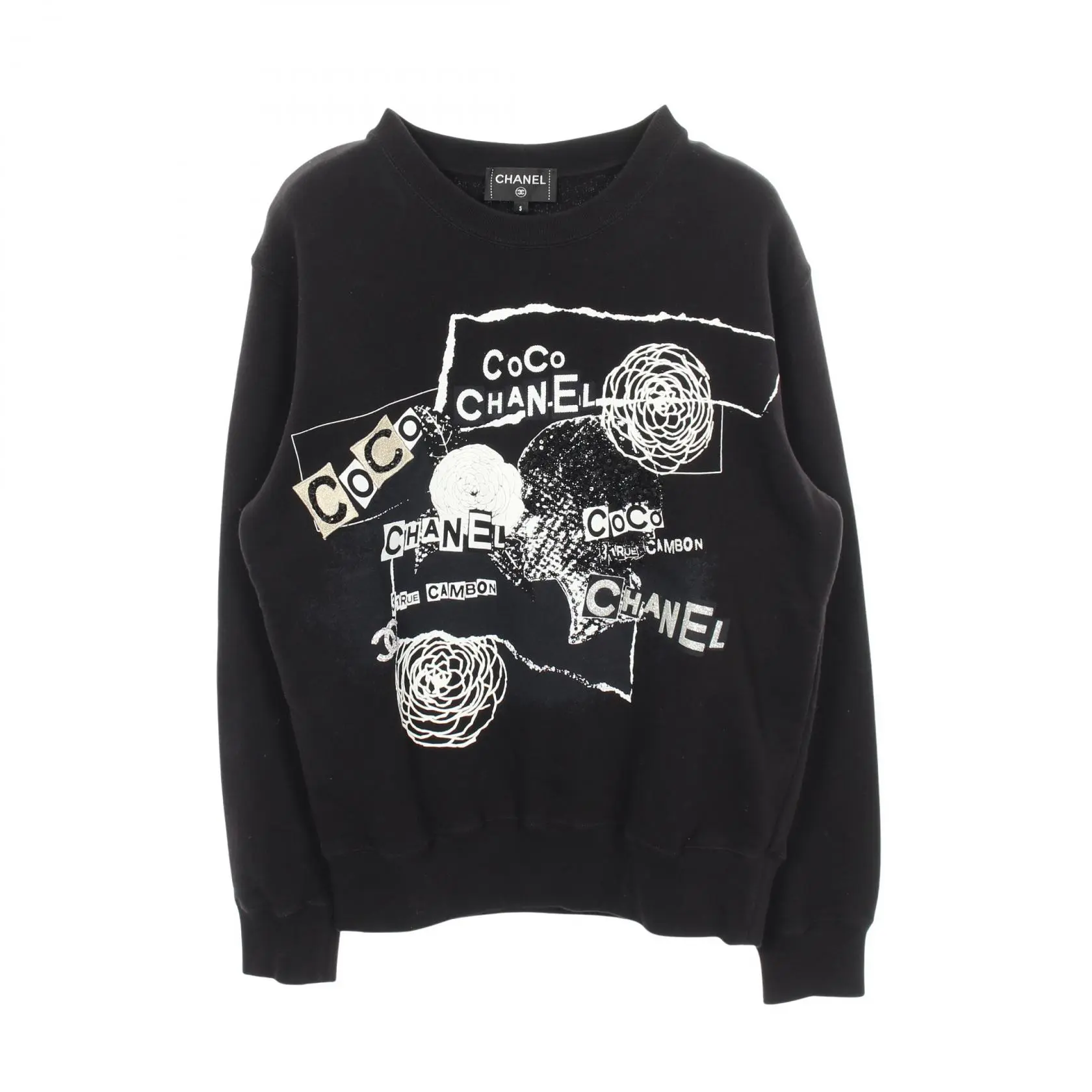 Pre-owned CHANEL Cotton Small Leather Goods Graffiti Logo Camellia Sequin Sweatshirt