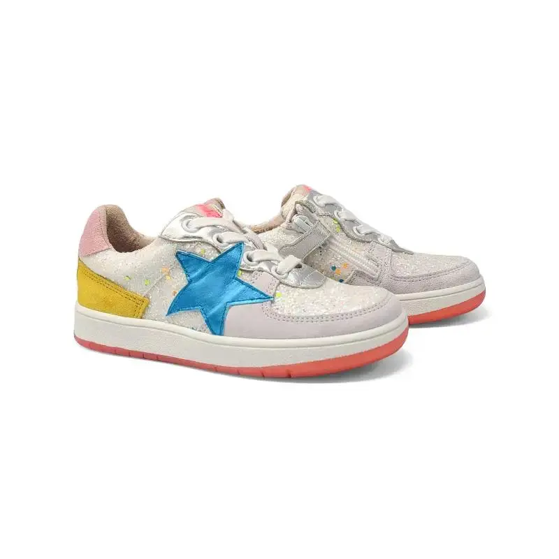 Acebos White Pink Glitter Blue Star Lace Up Sneaker