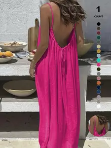Women's Solid Color Cami Backless Lounge Dress, Elegant Sleeveless Long Dress for Summer, Ladies Sleepwear for Indoor Wear