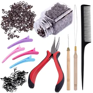 500Pcs Brown Micro Ring Beads Hair Extension Tools Set With Beads Plier Hook Needle Pulling Loop Hair Clips Comb And Mini Rubber Hair Bands