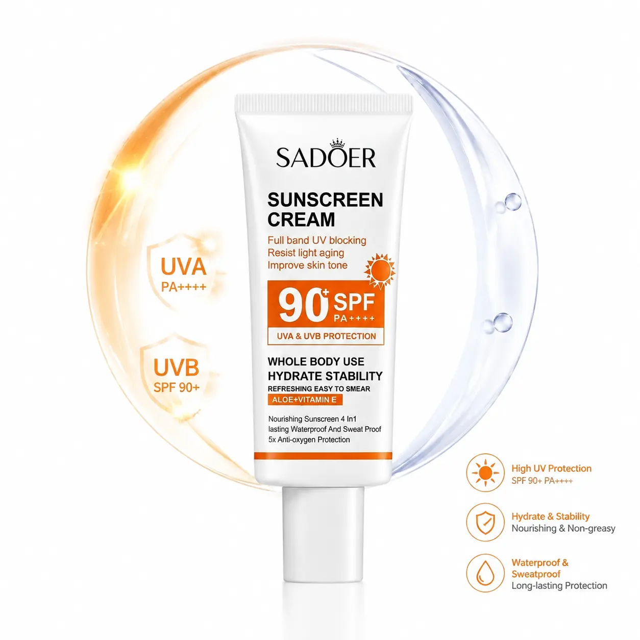 SADOER Sunscreen Cream SPF90 PA++++, Refreshing Lightweight Sun Lotion with Aloe & Vitamin E, Face & Body Daily Sun Care for Outdoor Travel